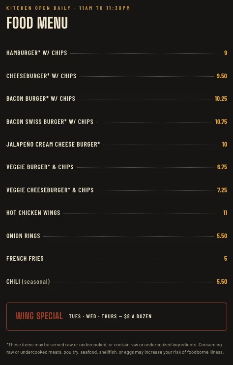 Candlelight food menu